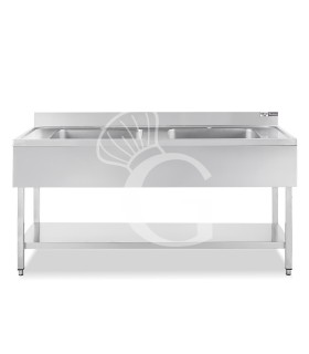 Fregadero inox con 2 cubetas y 2 escurridores, estante, peto L1800mmxP600mmxA965mm- con agujero para el grifo Ø 32 mm