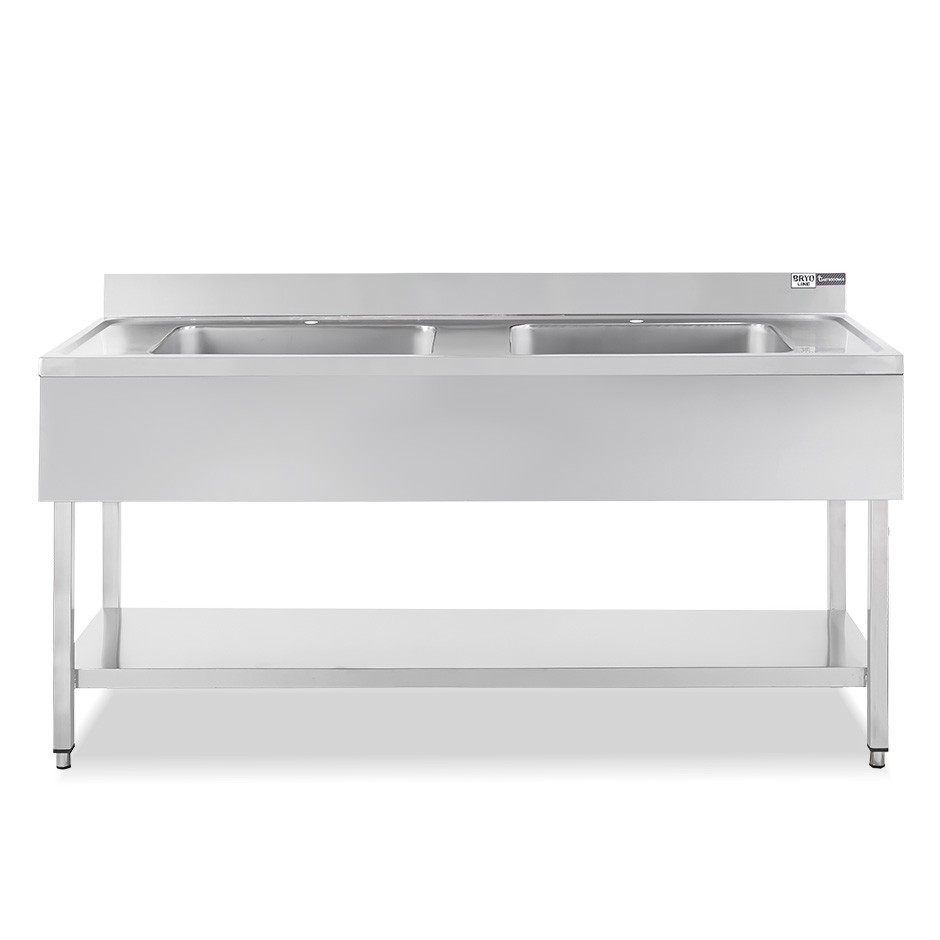 Fregadero inox con 2 cubetas y 2 escurridores, estante, peto L1800mmxP600mmxA965mm- con agujero para el grifo Ø 32 mm