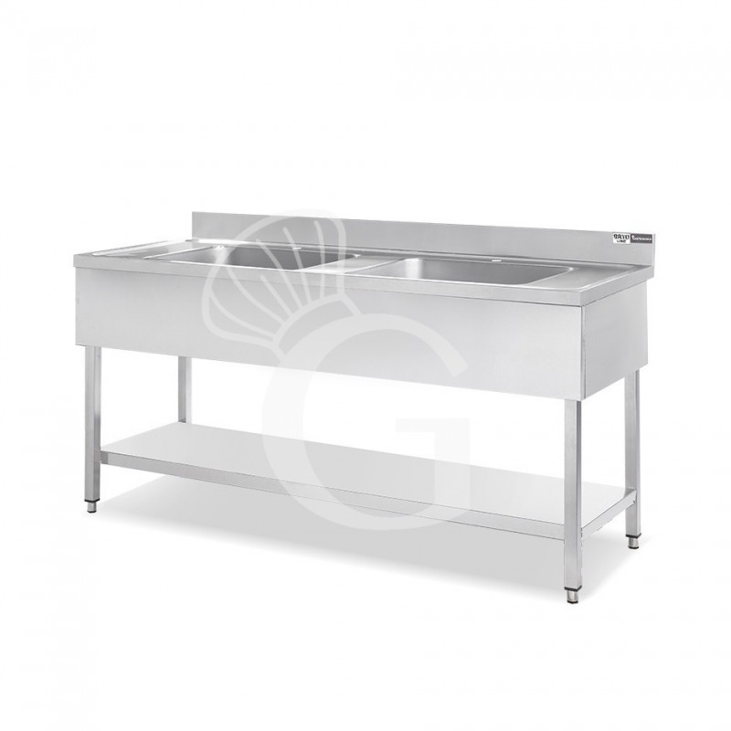 Fregadero inox con 2 cubetas y 2 escurridores, estante, peto L1800mmxP600mmxA965mm- con agujero para el grifo Ø 32 mm