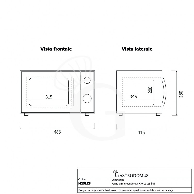 Horno microondas con mandos mecánicos y plato giratorio- Capacidada 25 Lt - 0,9 KW