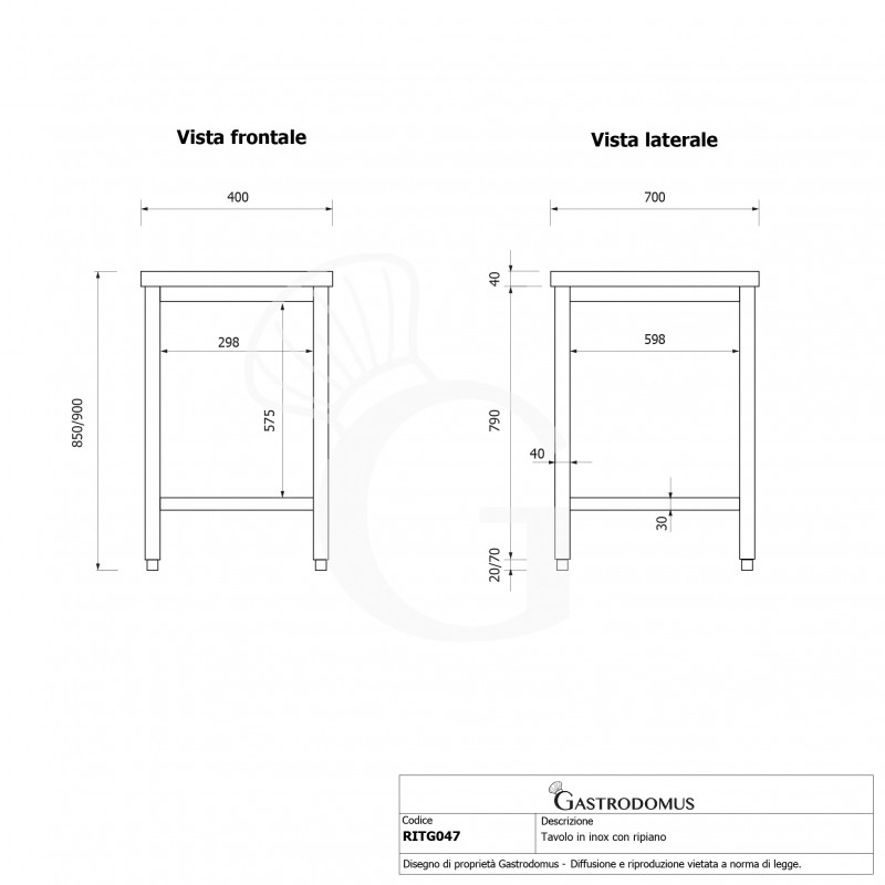 mesa de acero inoxidable con estante inferior l 400 mm x p 700 mm x a 850 mm
