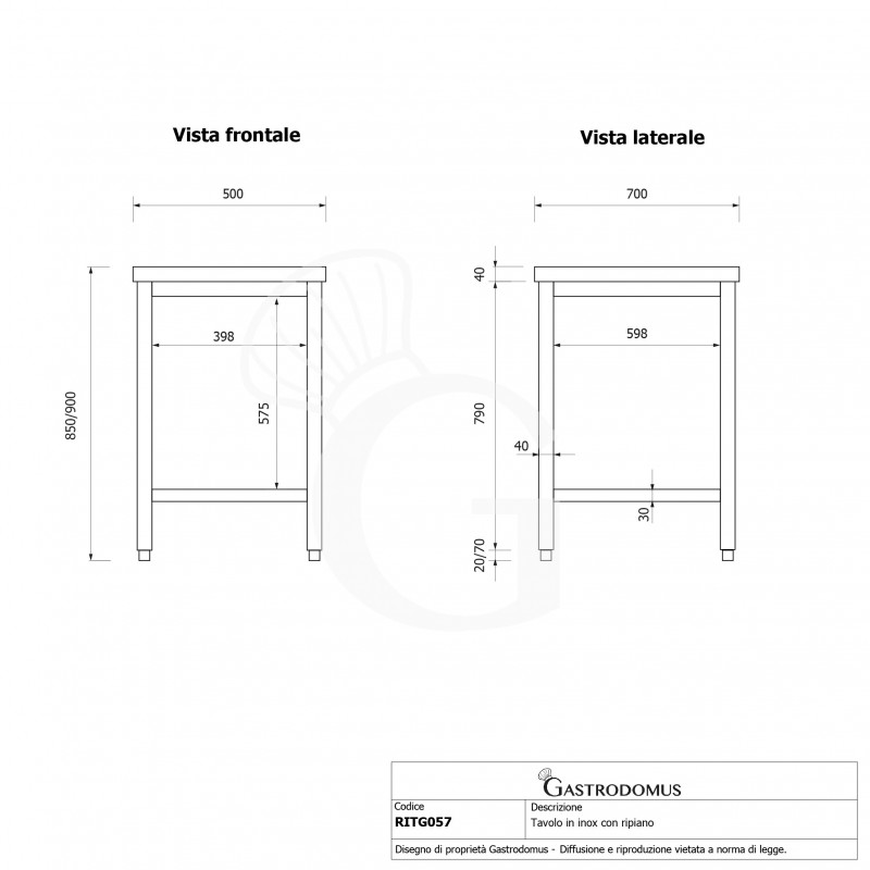 mesa de acero inoxidable con estante inferior l 500 mm x p 700 mm x a 850 mm