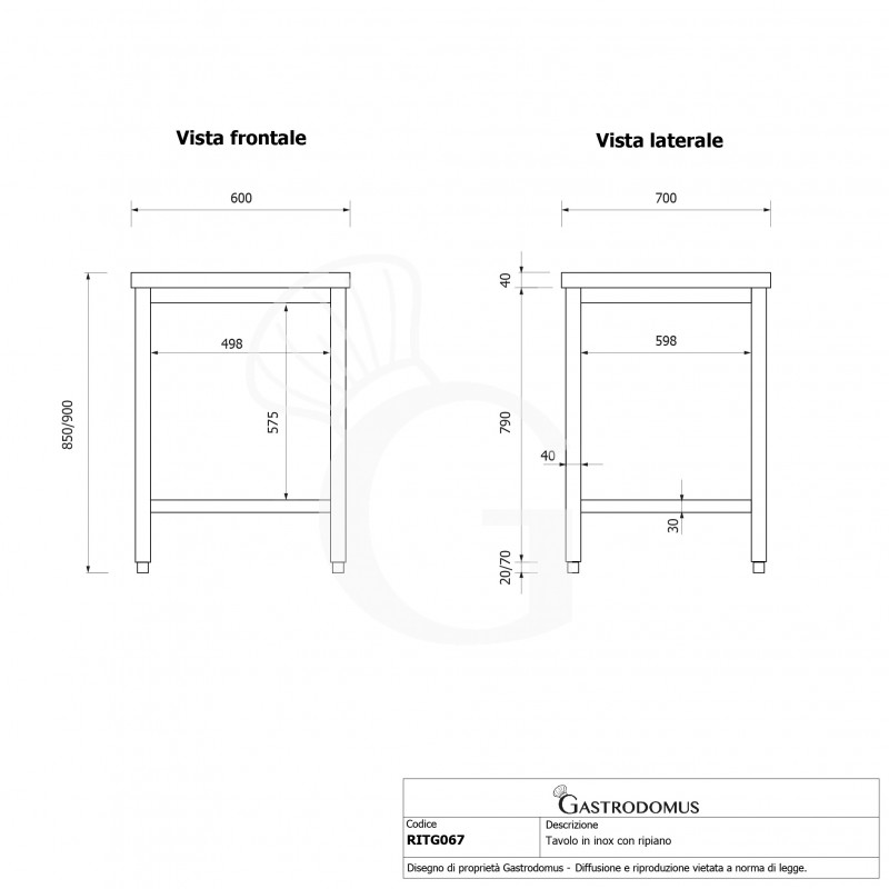 Mesa de acero inoxidable con estante inferior L 600 mm x P 700 mm x A 850 mm