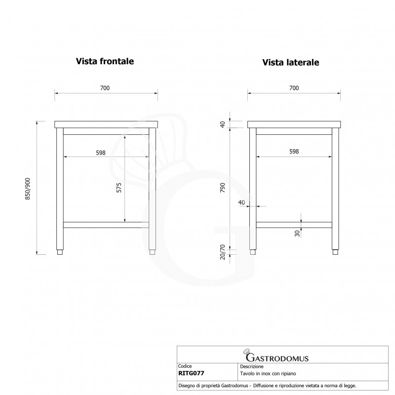 Mesa de acero inoxidable con estante inferior L 700 mm x P 700 mm x A 850 mm
