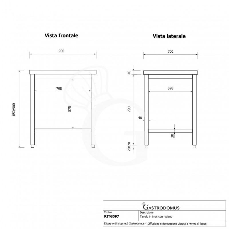 Mesa de acero inoxidable con estante inferior L 900 mm x P 700 mm x A 850 mm