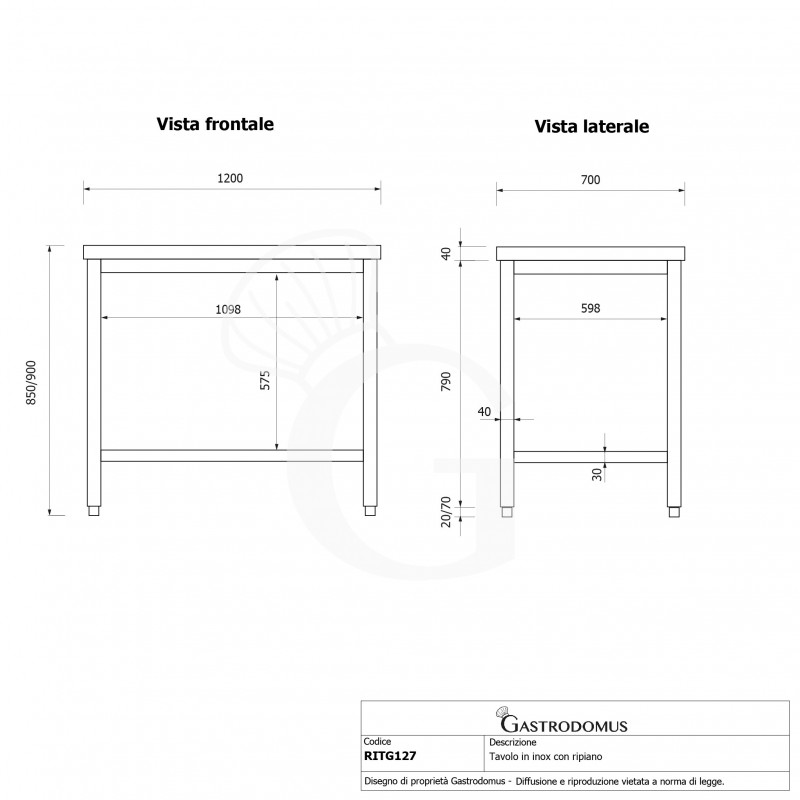Mesa de acero inoxidable con estante inferior L 1200 mm x P 700 mm x A 850 mm