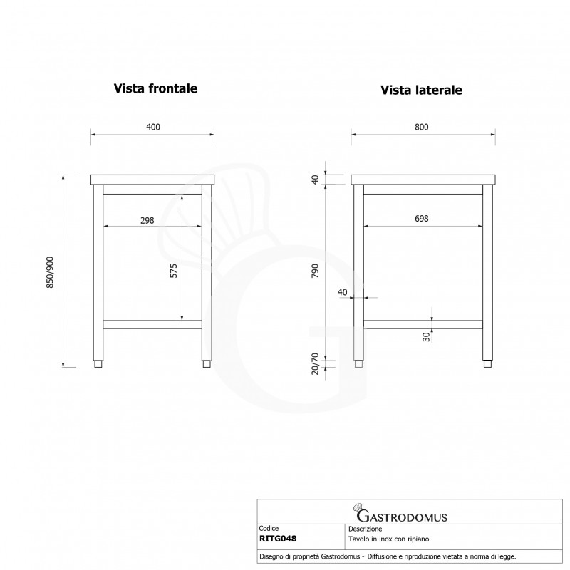 Mesa de acero inoxidable con estante inferior L 400 mm x P 800 mm x A 850 mm