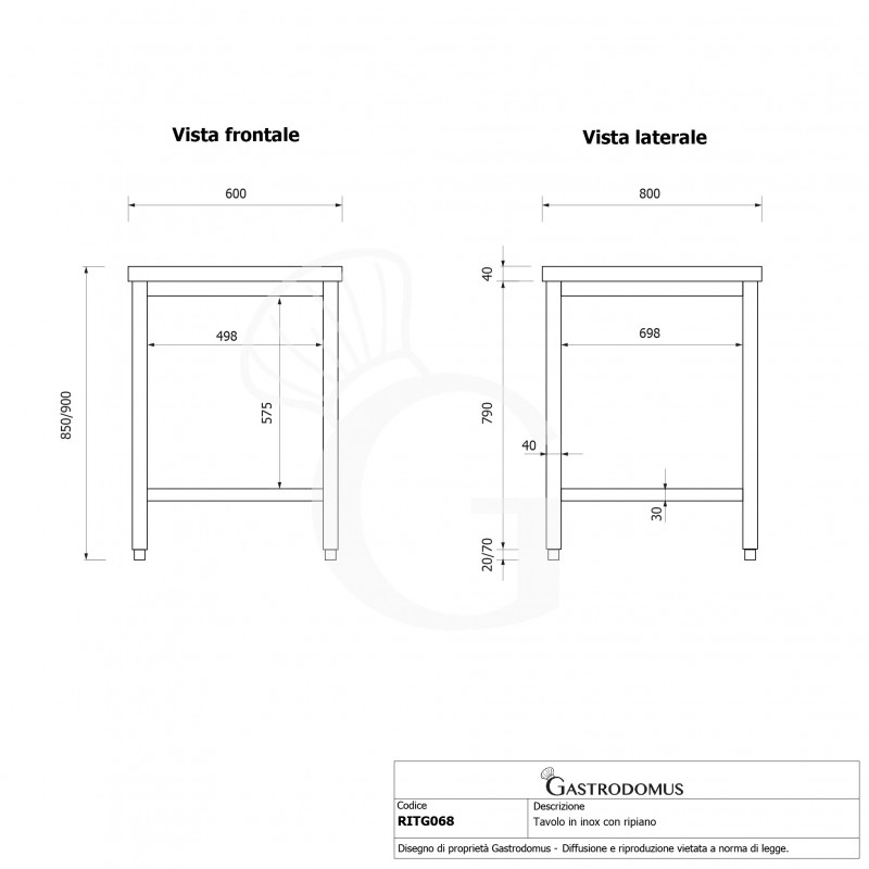 Mesa de acero inoxidable con estante inferior L 600 mm x P 800 mm x A 850 mm