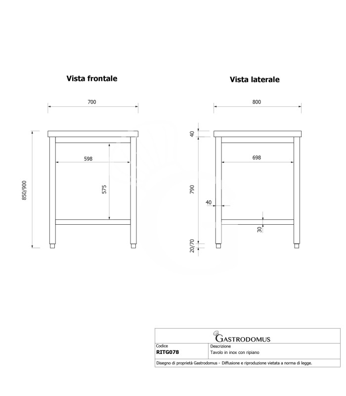 Mesa de trabajo de acero inoxidable con estante inferior, L 700 mm x P 800 mm x A 850 mm