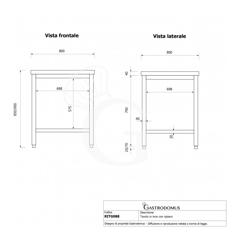 Mesa de acero inoxidable con estante inferior L 800 mm x P 800 mm x A 850 mm