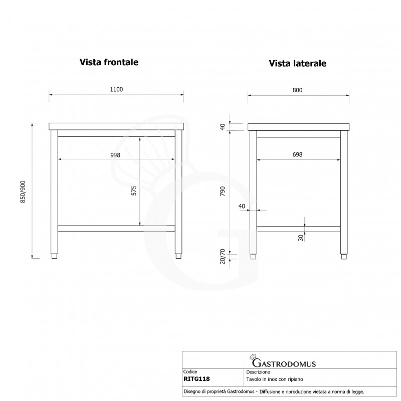 Mesa de acero inoxidable con estante inferior L 1100 mm x P 800 mm x A 850 mm