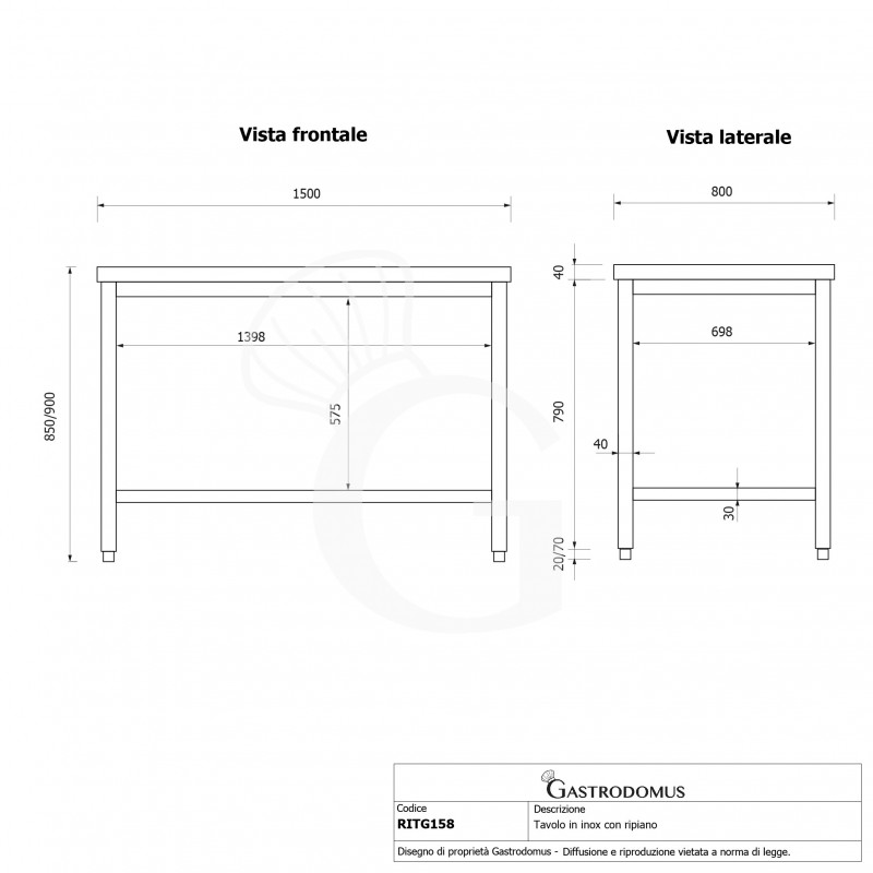 Mesa de acero inoxidable con estante inferior L 1500 mm x P 800 mm x A 850 mm