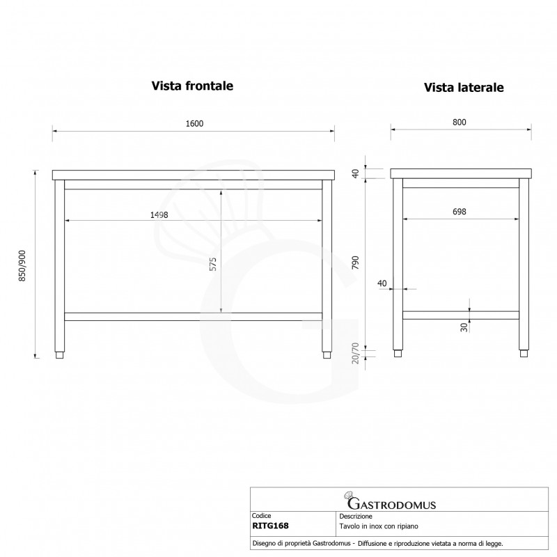 Mesa de acero inoxidable con estante inferior L 1600 mm x P 800 mm x A 850 mm