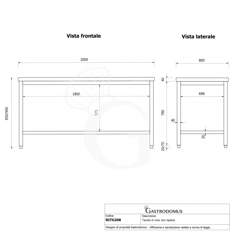 Mesa de trabajo de acero inoxidable con estante inferior, L 2000 mm x P 800 mm x A 850 mm