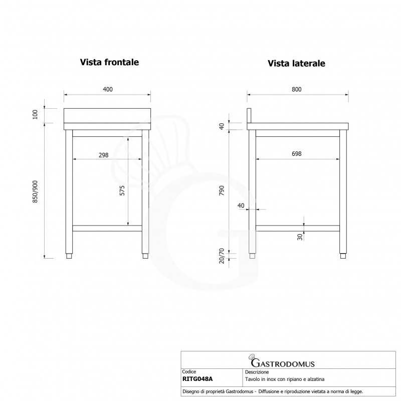 Mesa de acero inoxidable con estante inferior y peto L 400 mm x P 800 mm x A 950 mm