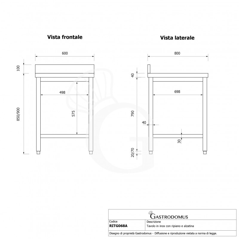 Mesa de acero inoxidable con estante inferior y peto L 600 mm x P 800 mm x A 950 mm