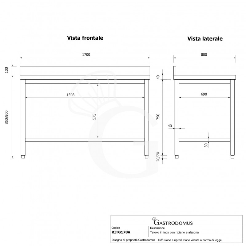 Mesa de acero inoxidable con estante inferior y peto L 1700 mm x P 800 mm x A 950 mm