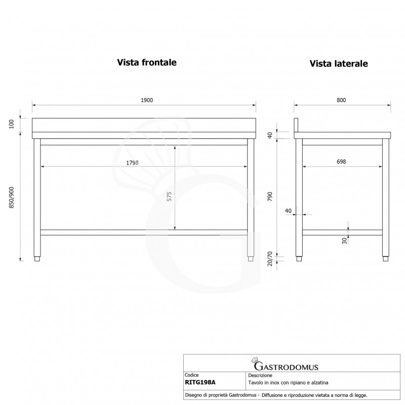 Mesa de acero inoxidable con estante inferior y peto L 1900 mm x P 800 mm x A 950 mm