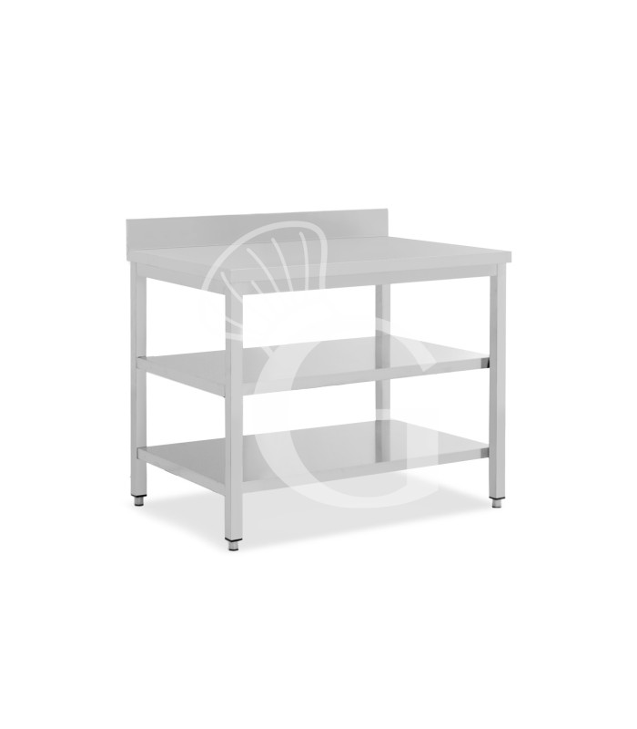 Mesa de acero inoxidable con 2 estantes y peto L 1100 mm x P 800 mm x A 950 mm