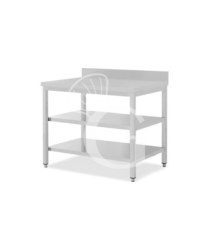 Mesa de acero inoxidable con 2 estantes y peto L 1100 mm x P 800 mm x A 950 mm