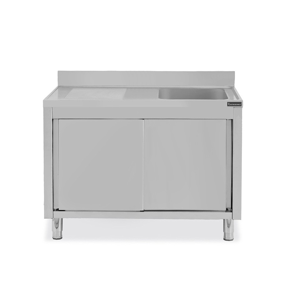 Fregadero con mueble inox con 2 puertas correderas, 1 cubeta, escurridor a la izquierda y peto L 1600 mm x P 700 mm x A 950 mm