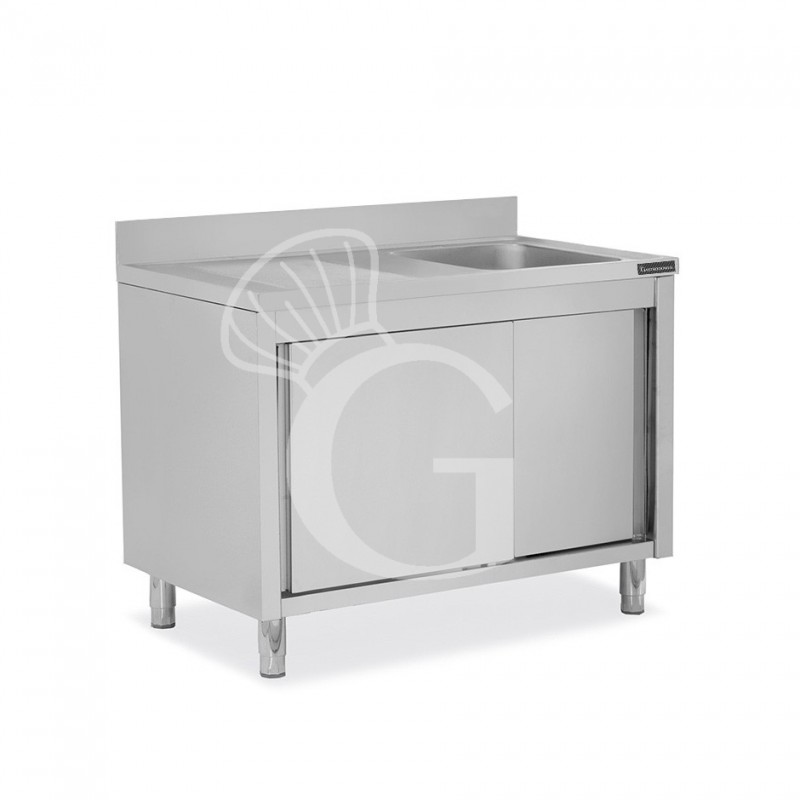 Fregadero con mueble inox con 2 puertas correderas, 1 cubeta, escurridor a la izquierda y peto L 1600 mm x P 700 mm x A 950 mm
