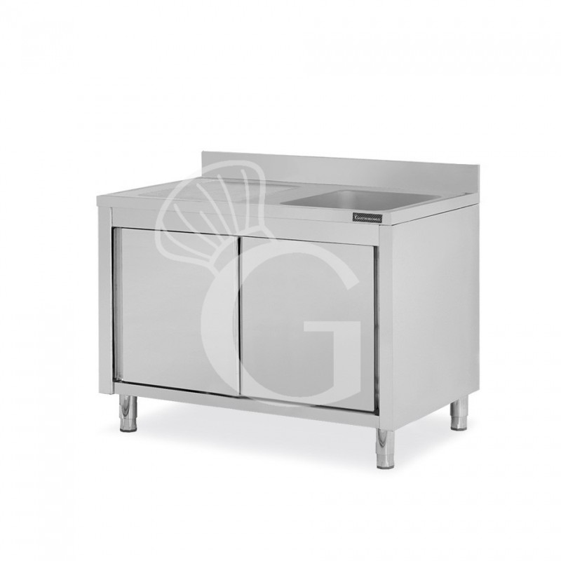 Fregadero con mueble inox con 2 puertas correderas, 1 cubeta, escurridor a la izquierda y peto L 1600 mm x P 700 mm x A 950 mm