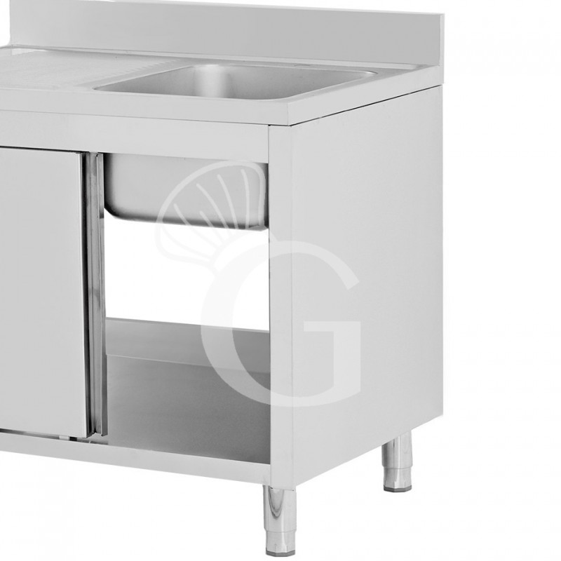 Fregadero con mueble inox con 2 puertas correderas, 1 cubeta, escurridor a la izquierda y peto L 1600 mm x P 700 mm x A 950 mm