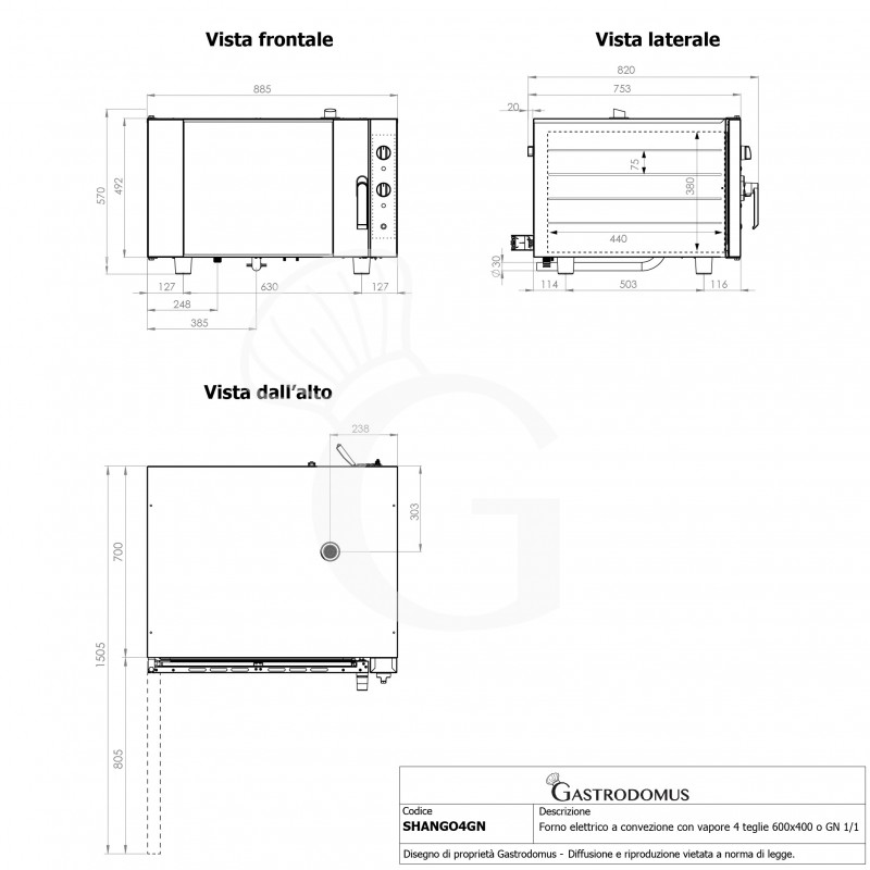 Horno eléctrio convección con humidificador, puerta apertura lateral, mandos mecánicos, trifásico, 4 bandejas 600x400 mm o GN1/1