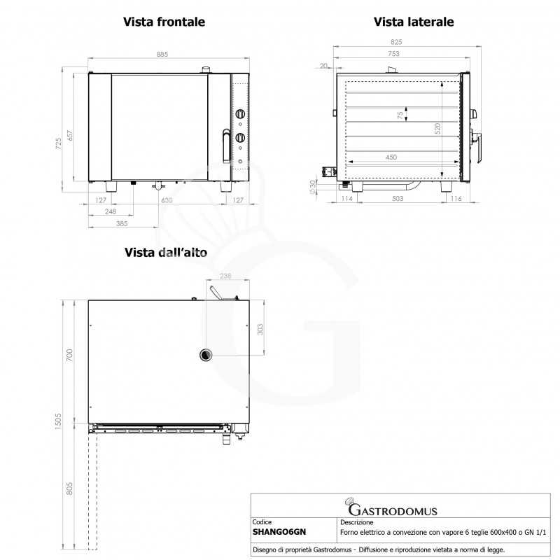 Horno convección pastelería o gastronomía, humidificador, apertura lateral, mecánico , trifásico 6 bandejas 60 x 40 o GN1/1