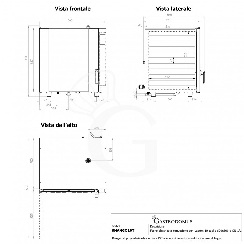Horno eléctrico convección vapor, puerta lateral, pantalla táctil , trifásico, 10 bandejas de 600x400 mm o GN 1/1