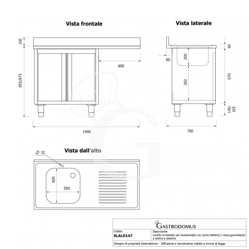 Fregadero con mueble y hueco para lavavajillas, cubeta, escurridor a la derecha L1400mmxP700mmxA965mm - agujero grifo Ø 32mm