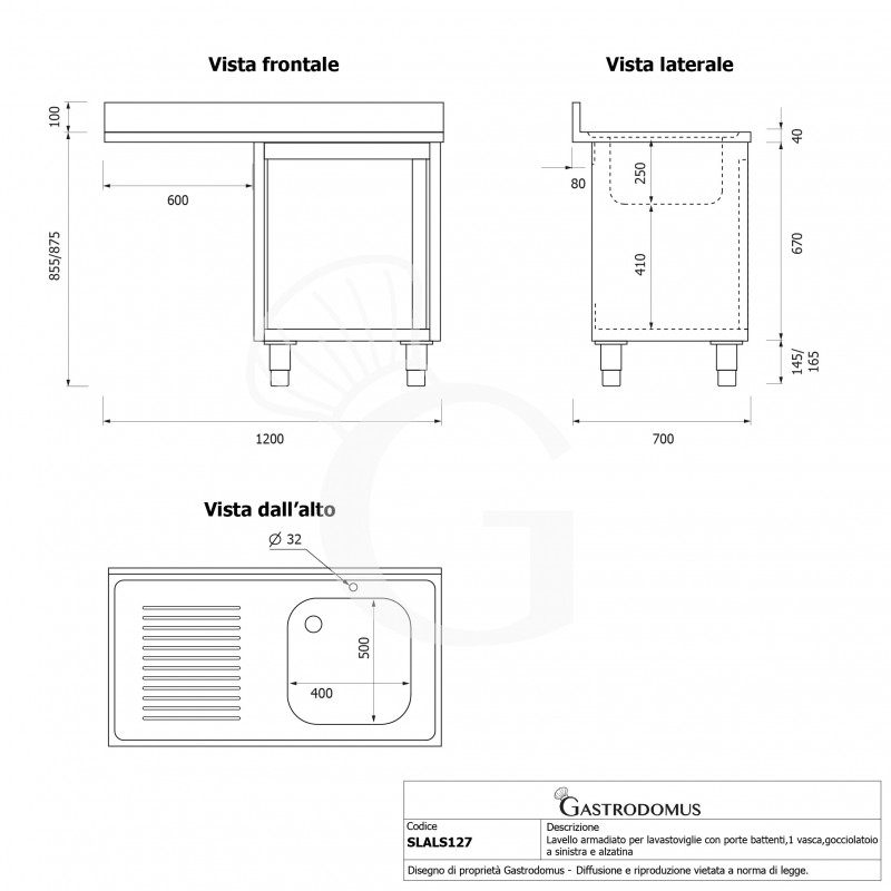 Fregadero con mueble y hueco para lavavajillas, 1 cubeta, escurridor a la izquierda L1200mmxP700mmxA965mm agujero grifo Ø 32mm