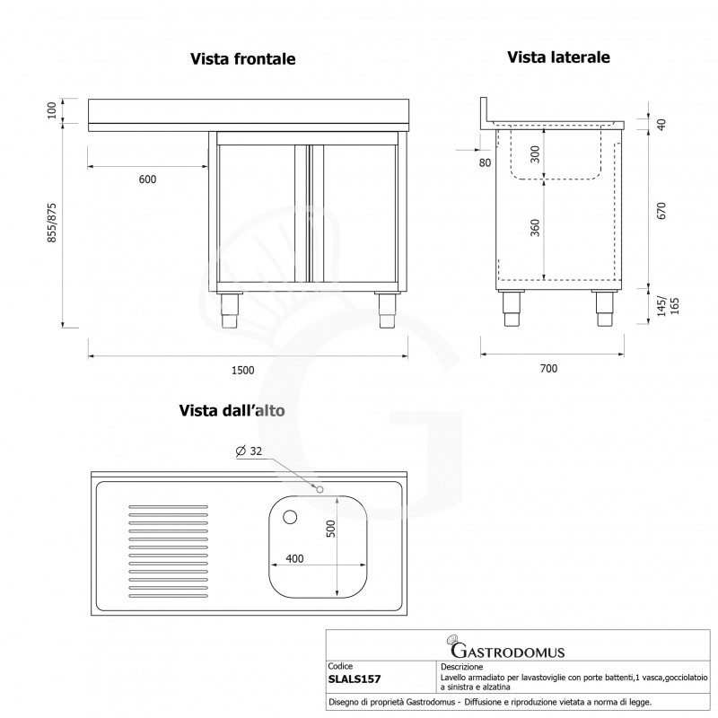 Fregadero sobre mueble compartimiento lavavajillas , 1 seno , escurridor izq. L1500 x P700 x H965 - con foro grifo Ø32 mm