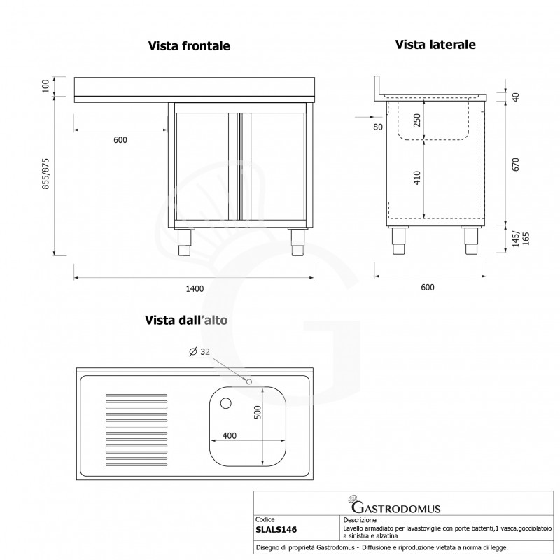 Fregadero con mueble y hueco para lavavajillas, 1 cubeta, escurridor a la izquierda y puerta batiente L1400mmxP600mmxA965mm