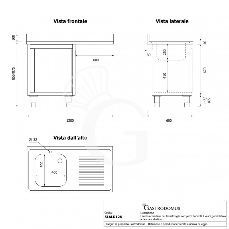 Fregadero con mueble y hueco para lavavajillas, 1 cubeta, escurridor a la derecha L 1200 mm x P 600 mm x A 965 mm