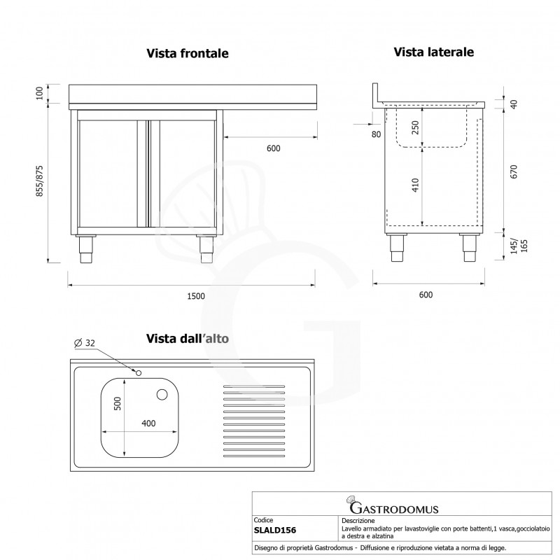 Fregadero con mueble y hueco para lavavajillas, 1 cubeta, escurridor a la derecha, L1500xP600xA965mm-agujero para grifo Ø32mm