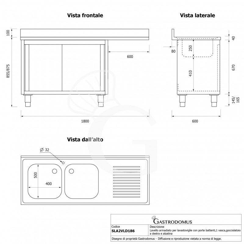 Fregadero con mueble y hueco para lavavajillas, 2 cubetas, escurridor a la derecha, L1800xP600xA965mm-agujero para grifo Ø32mm