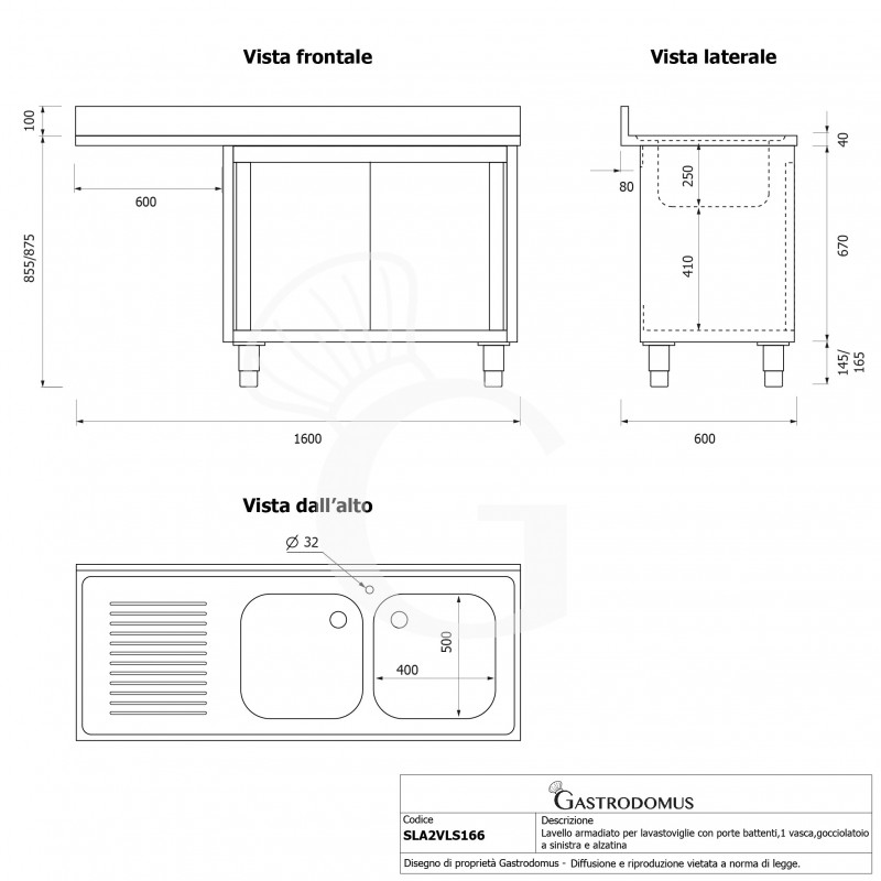 Fregadero con mueble y hueco para lavavajillas, 2 cubetas, escurridor a la izquierda L 1600 mm x P 600 mm x A 965 mm