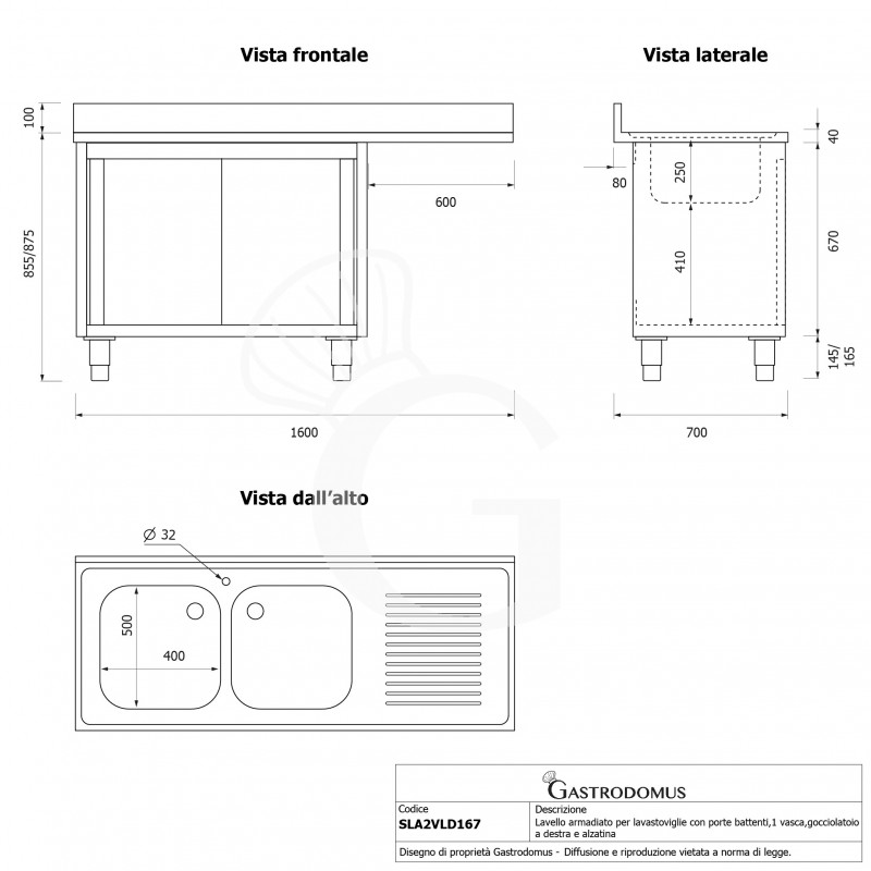 Fregadero con mueble y hueco para lavavajillas, 2 cubetas, escurridor a la derecha, L1600xP700xA965mm-agujero para grifo Ø32mm