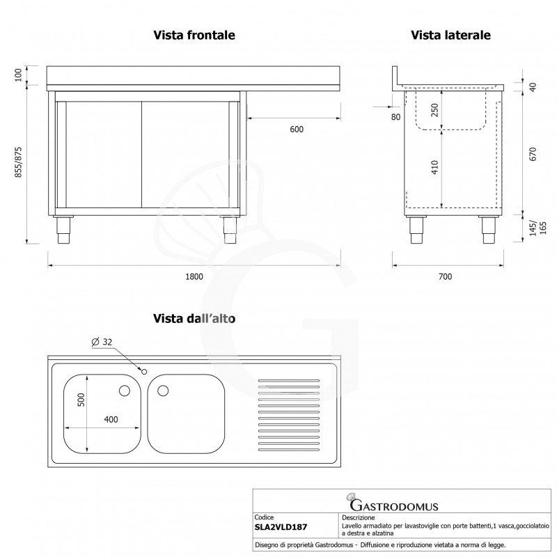 Fregadero con mueble y hueco para lavavajillas, 2 cubetas, escurridor a la derecha L1800xP700xA965mm - agujero grifo Ø 32mm