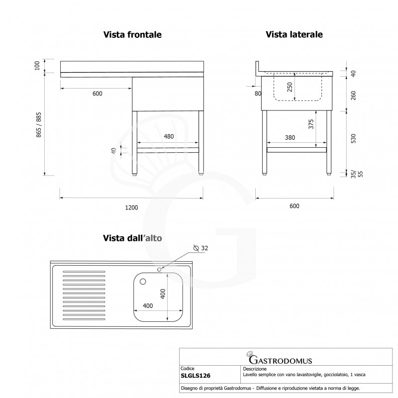Fregadero con hueco para lavavajillas con 1 cubeta y escurridor a la izquierda, peto L1200xP600xA965, agujero para grifo Ø32mm