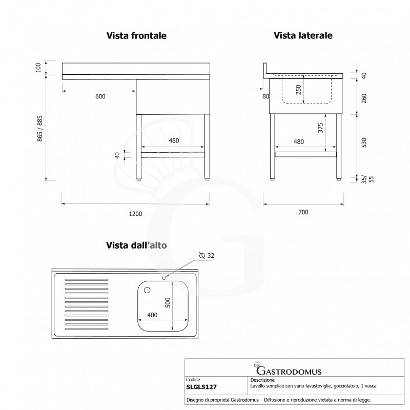 Fregadero con hueco para lavavajillas 1 cubeta y escurridor a la izquierda L1200xP700xA965-con agujero para el grifo Ø 32 mm