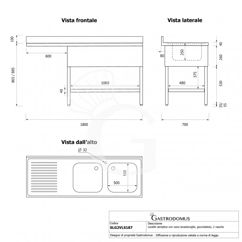 Fregadero con hueco para lavavajillas 2 cubetas y escurridor a la izquierda L1800xP700xA965-con agujero para el grifo Ø 32 mm
