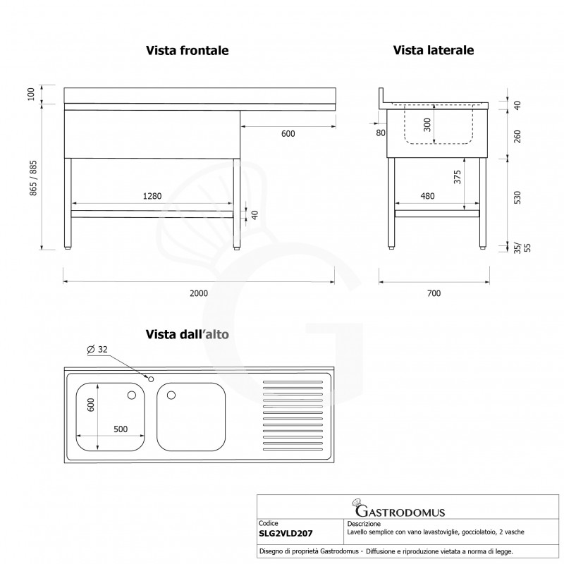 Fregadero con compartimiento lavavajillas , escurridor lado derecho , 2 senos , L2000 XP700XH950MM