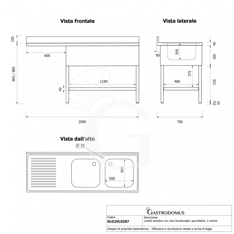 Fregadero con hueco para lavavajillas 2 cubas y escurridor a la izquierda, L2000xP700xA965mm