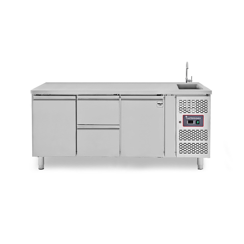 Mesa refrigerada 2 cajones 2 puertas con fregadero, Prof. 700 mm, Temp. +2ºC/+8ºC , grifo  incluido