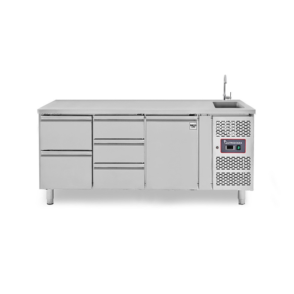 Mesa refrigerada 5 cajones 1 puerta con fregadero , prof. 700 mm , Temp. +2ºC/+8ºC, grifo incluido
