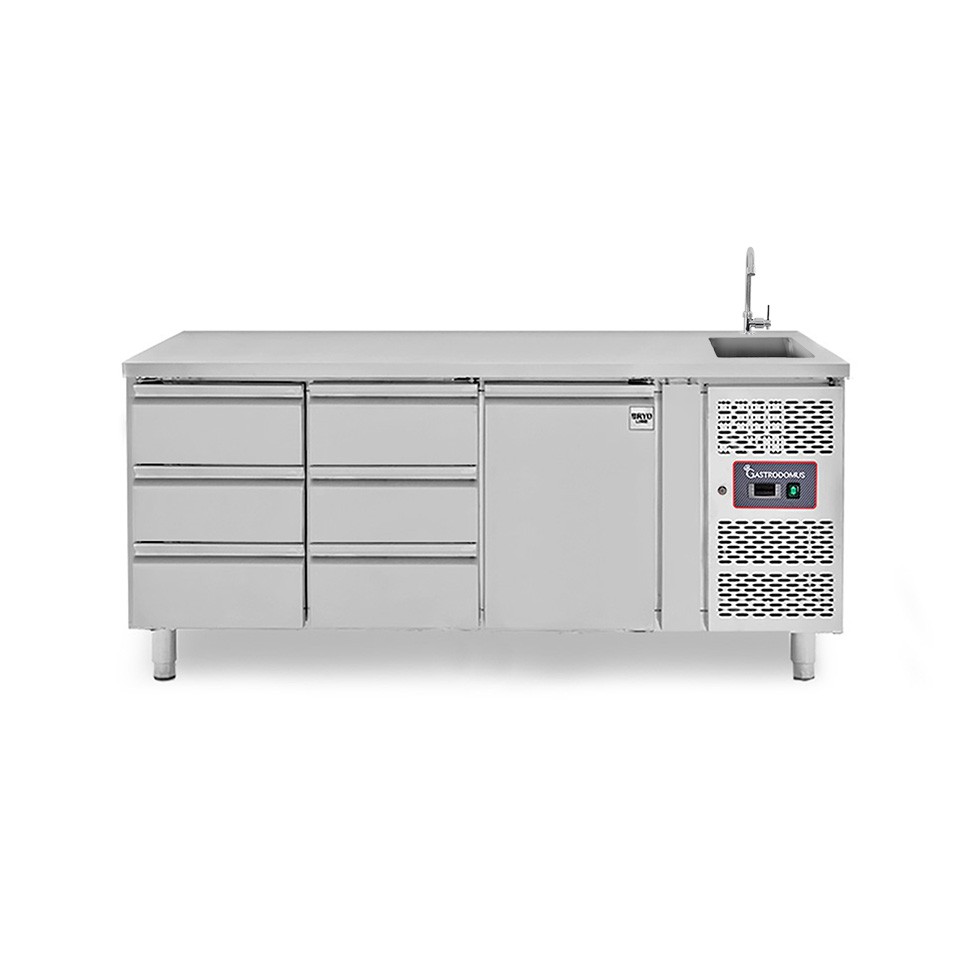 Mesa refrigerada 6 cajones 1 puerta con fregadero , Prof. 700 mm , Temp. +2°C/+8°C, grifo incluido