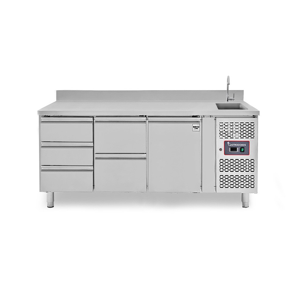 Mesa refrigerada 5 cajones 1 puerta con fregadero y peto , prof. 700 mm m temp. +2ºC/+8ºC , grifo incluido